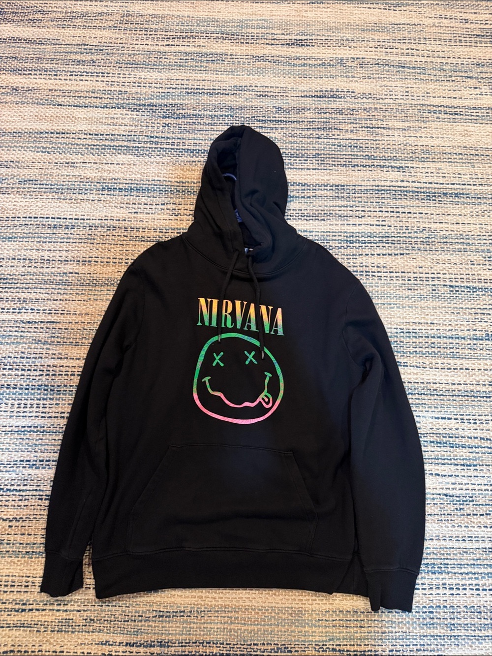 NIRVANA Black Zip-Up Sweater with Neon Rainbow Smiley